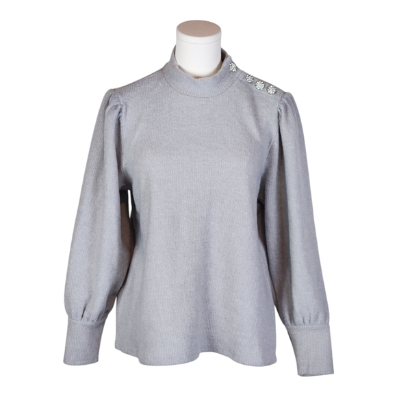 Como Blu Gray Rhinestone Button Shoulder Sweater Balloon Sleeve L - Picture 1 of 8